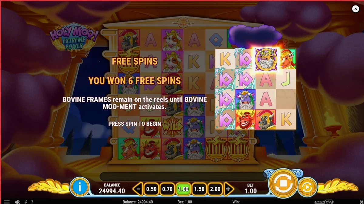 Karakter Zeus sapi yang lucu di slot Holy Moo! Extreme Power