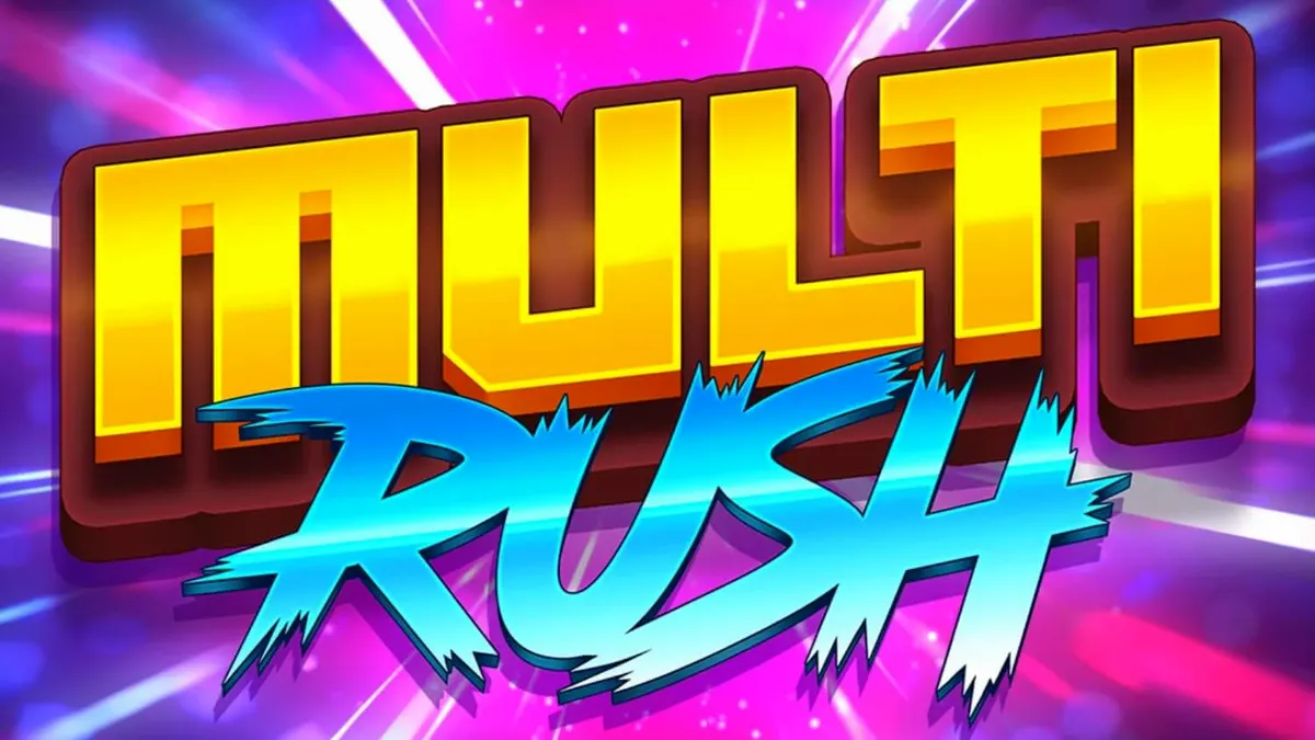 Tampilan visual neon retro dari slot Multi Rush dengan simbol buah dan angka 7