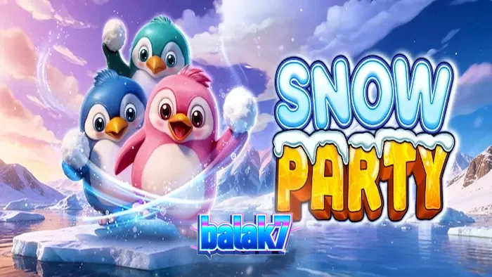 Tampilan visual permainan slot Snow Party dengan karakter hewan kutub yang lucu